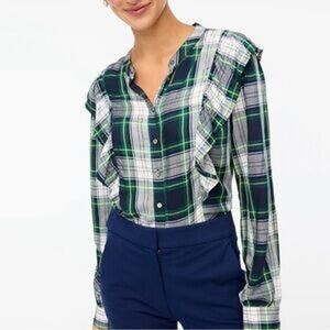 J.Crew Ruffle Plaid Button Front Top Women’s M Blue Green‎ Tartan Viscose Preppy
